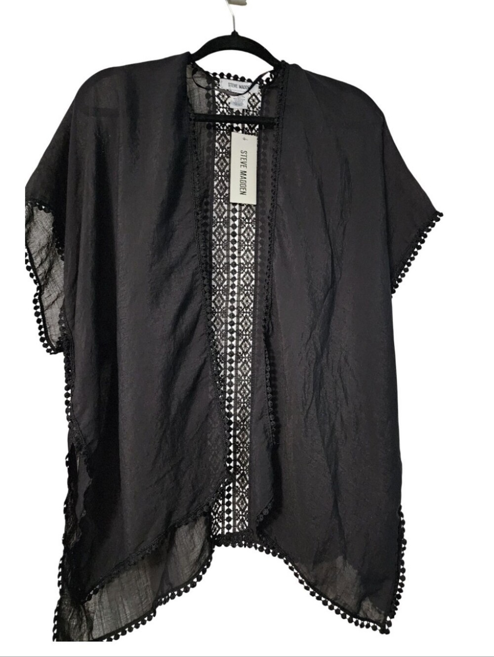 Steve Madden Black Sheer Kimono Cardigan with Pom Trim